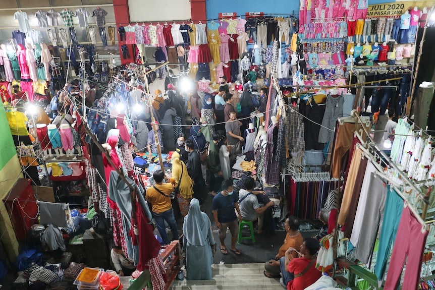 An aerial photo of a colourful, crowded market in Jakarta