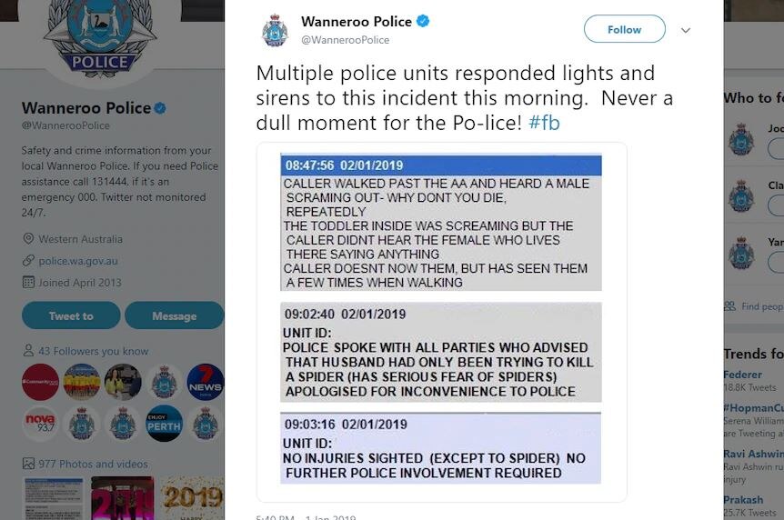 A tweet from Wanneroo Police showing screen shots from the police callout computer system.