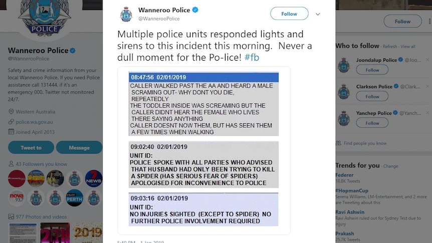 A tweet from Wanneroo Police showing screen shots from the police callout computer system.