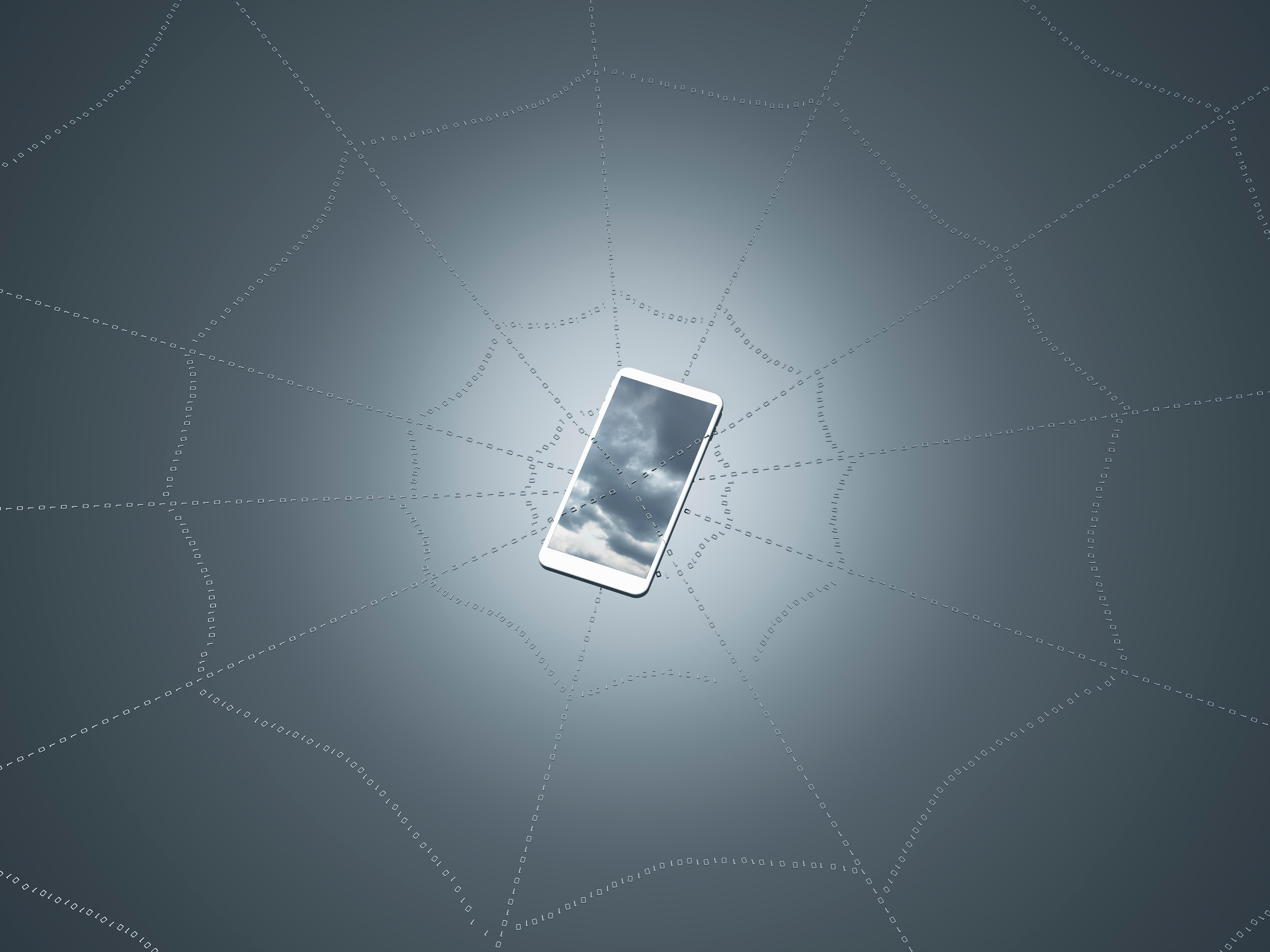 Smart phone hanging on a spider web 
