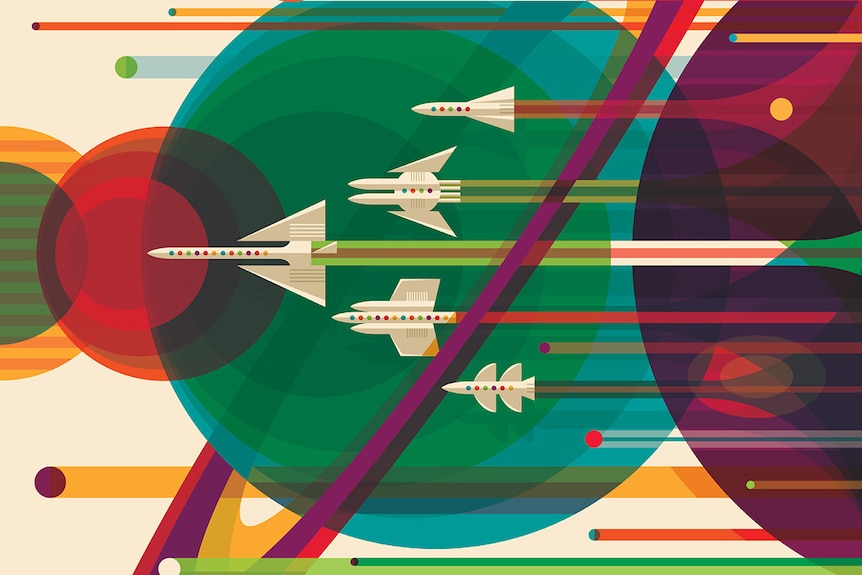 NASA artwork for a poster for an imaginary tour to Jupiter, Saturn, Uranus and Neptune.