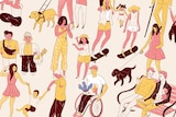 Illustration of a variety of families playing and walking together, some parents with disabilities.