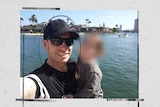 A man in front of the water with a blurred out picture of a little girl.
