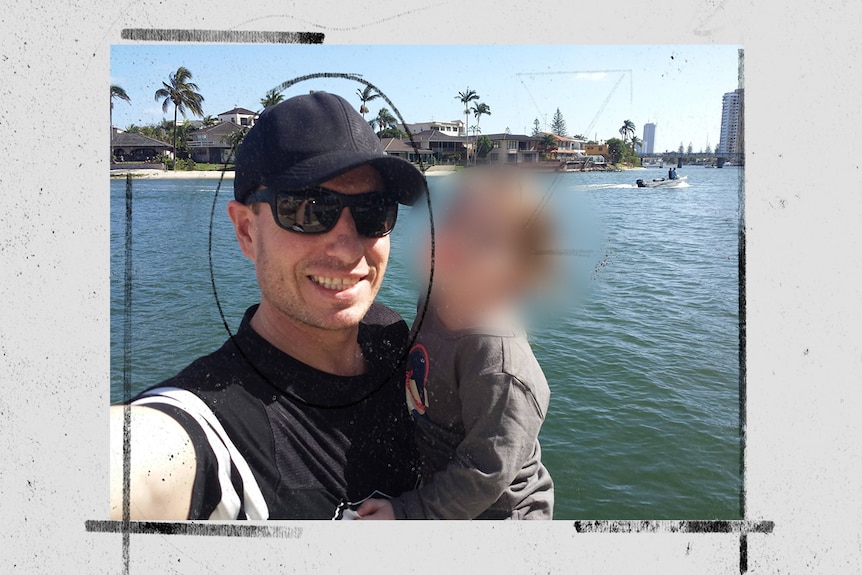 A man in front of the water with a blurred out picture of a little girl.