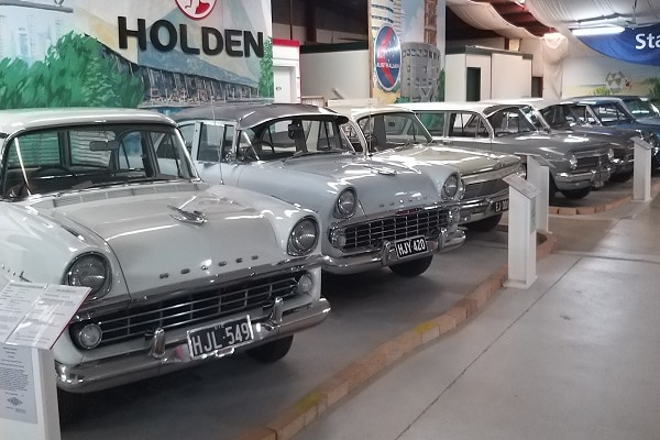 a series of Holden cars inside the museum 