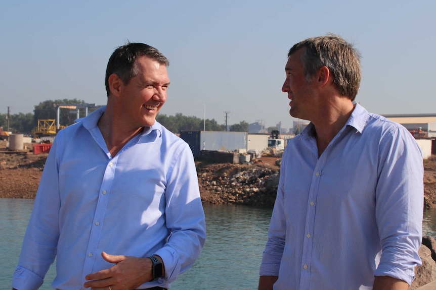 Chief Minister Michael Gunner and Paspaley Group CEO James Paspaley at the site of the proposed ship lift.