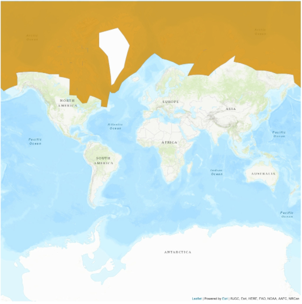 A map of the world with orange shading in at the top around the Arctic circle