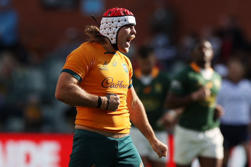 A Wallabies player celebrates scoring a try against the Springboks.
