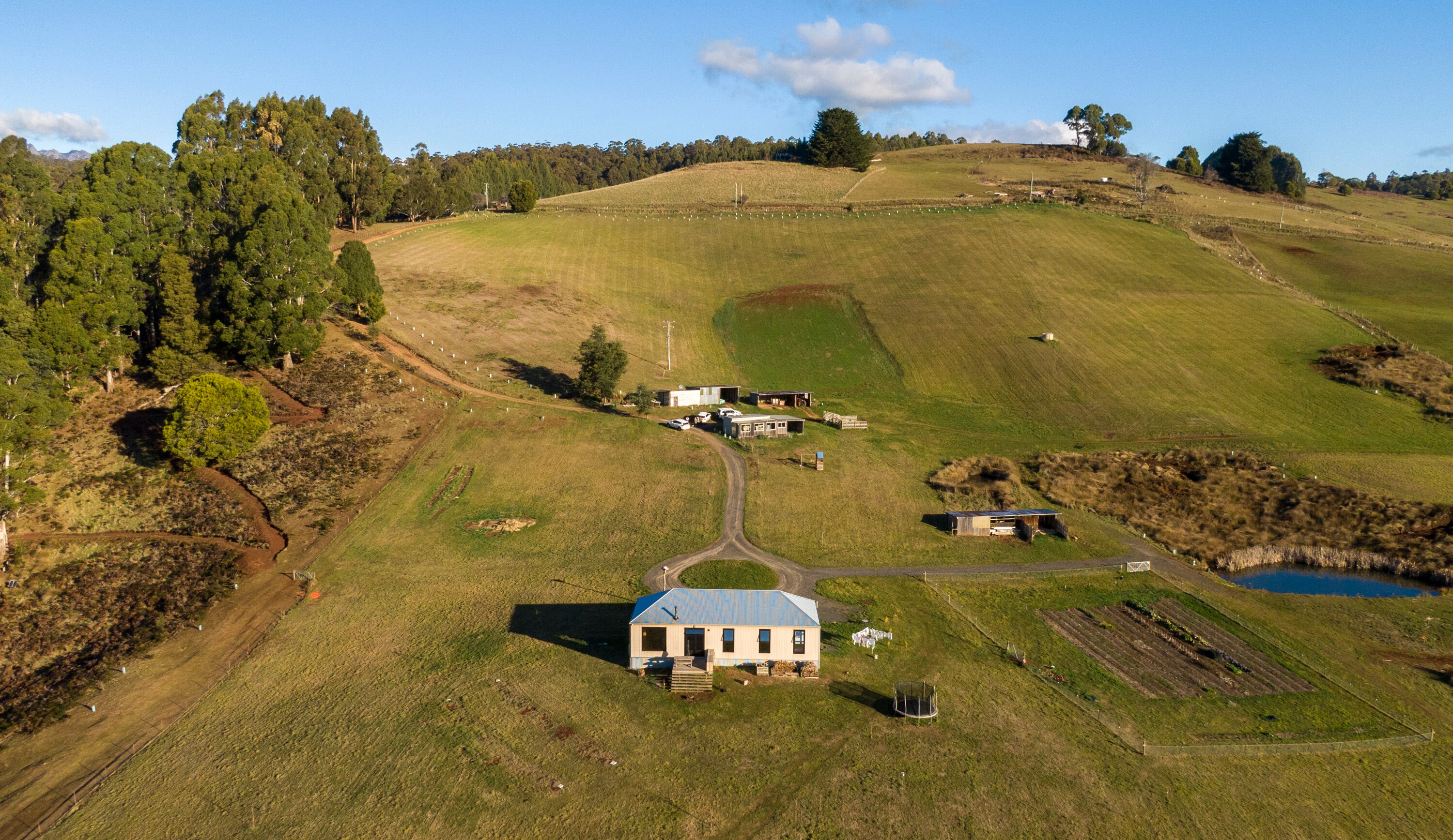 A cream-coloured, rectangular house with a blue roof at the base of green hillside with a pond, veggie patch and trees.