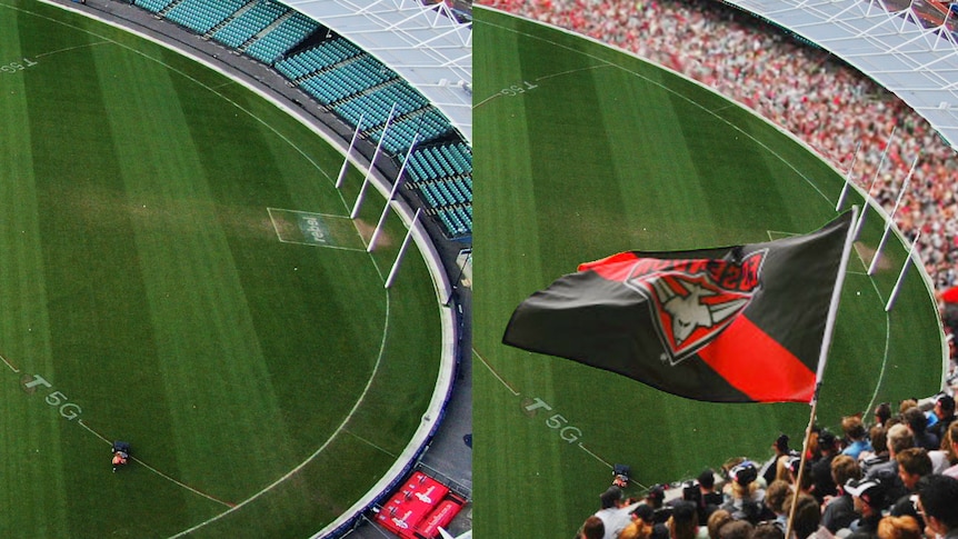 Sporting stadium with and without fans.