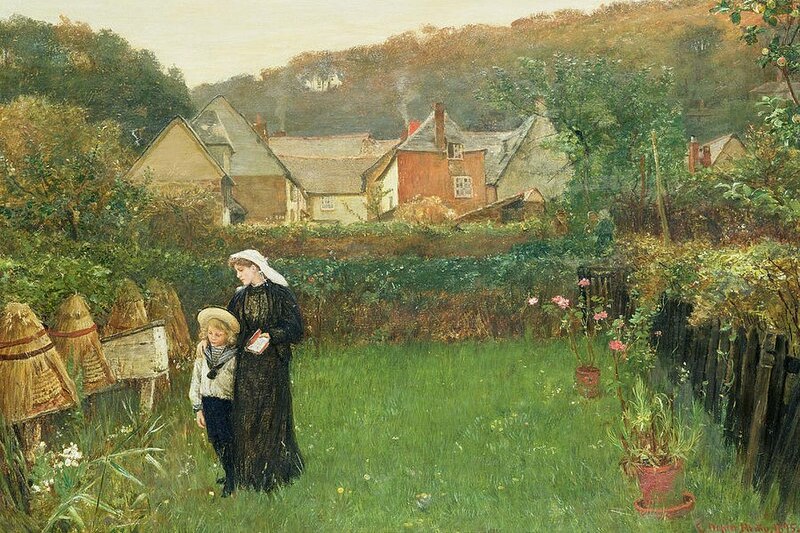 A painting of a mother and child in a lush green field with houses in background walking besides bee colonies in small huts