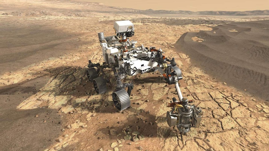 An artist's impression of the 2020 Mars Rover, showing a similar size to Curiosity.