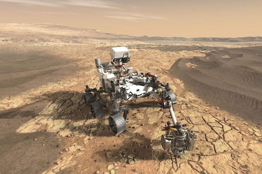 An artist's impression of the 2020 Mars Rover, showing a similar size to Curiosity.