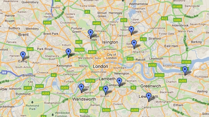 A screenshot of a map showing the locations of rioting in London.
