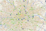 A screenshot of a map showing the locations of rioting in London.