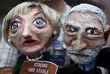 Puppets of Conservative Party leader Theresa May and Labour Party leader Jeremy Corbyn.