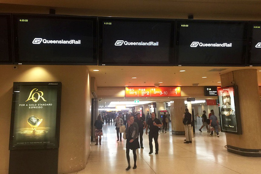No trains listed on the board at Roma Street Station in Brisbane's CBD during peak-hour