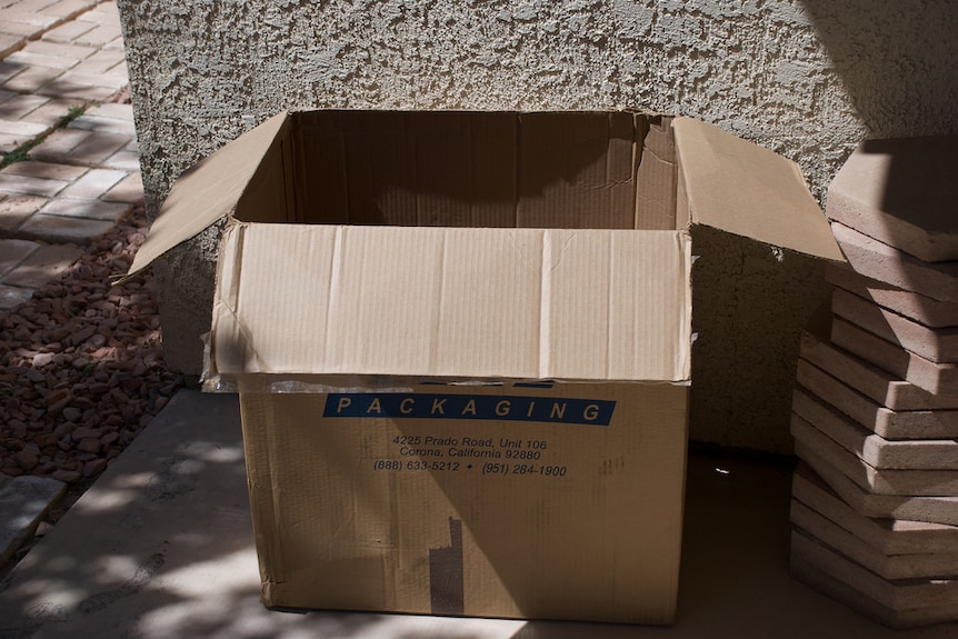 An open, empty cardboard box.