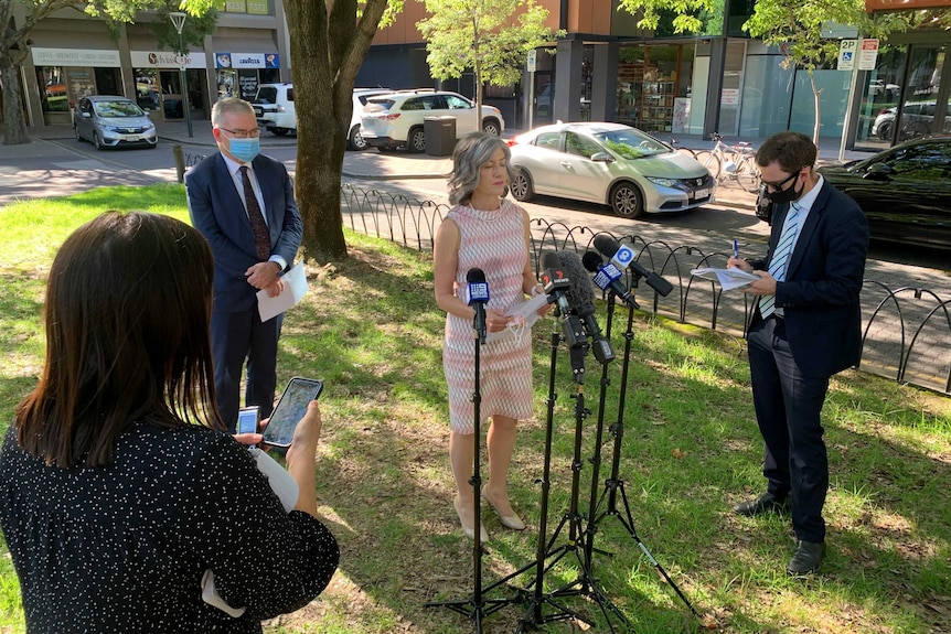 Professor Nicola Spurrier talking in front of microphones and journalists in a park