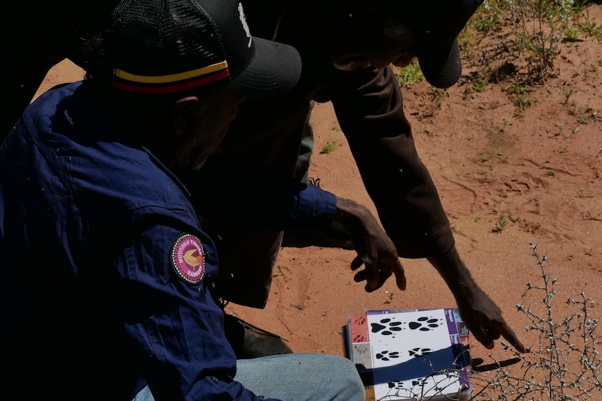 Two Aboriginal ranger use learning card to help identify animal tracks in the sand.