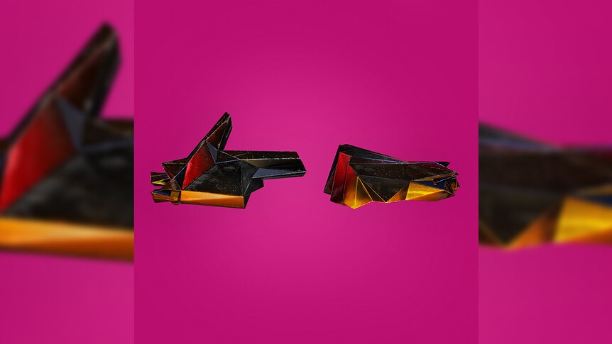 Pink album cover with sculptural modelling of the Run The Jewels logo - a finger pistol and a fist