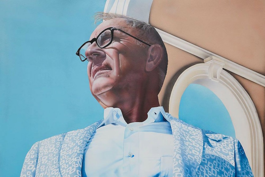 A painting of a man in a blue suit wearing black glasses looking out into the distance