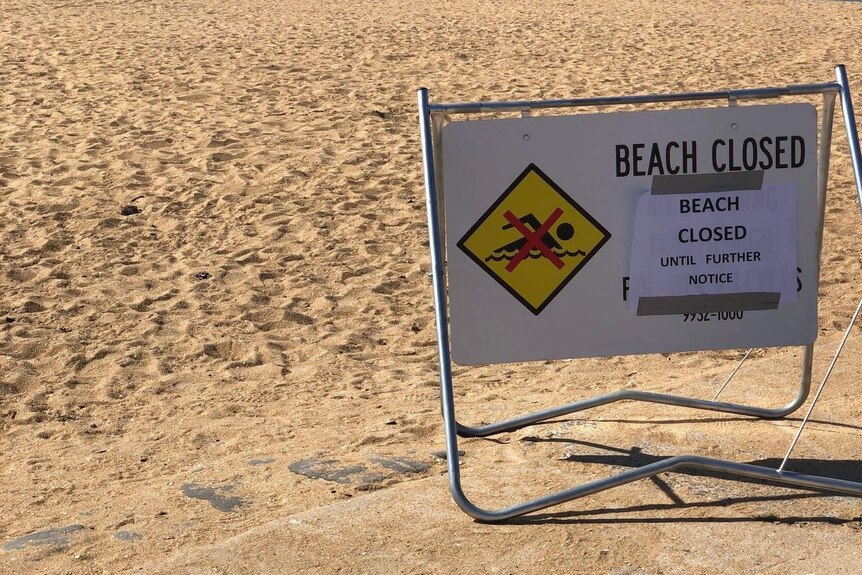 A sign on an empty beach on a sunny morning says the beach is closed.