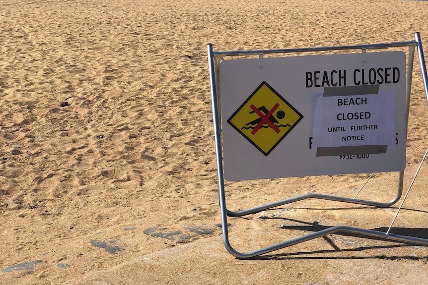 A sign on an empty beach on a sunny morning says the beach is closed.