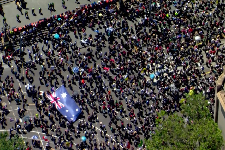 Ariel view of protests in Victoria against pandemic bill.
