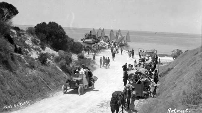 SS Zephyr, trams and car at Natural Jetty, Rottnest Island 1922, photographer: Izzy Orloff