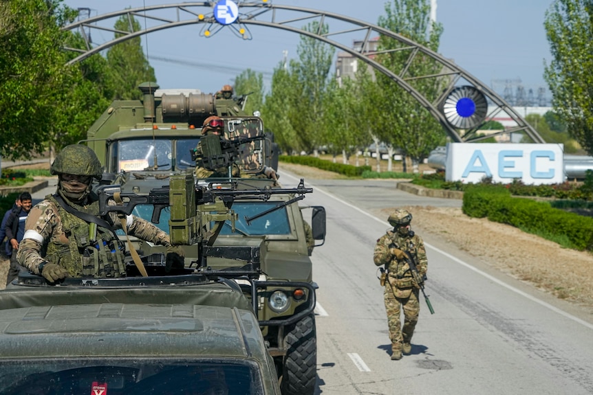 A Russian military convoy is seen on the road toward the Zaporizhzhia Nuclear Power Station.