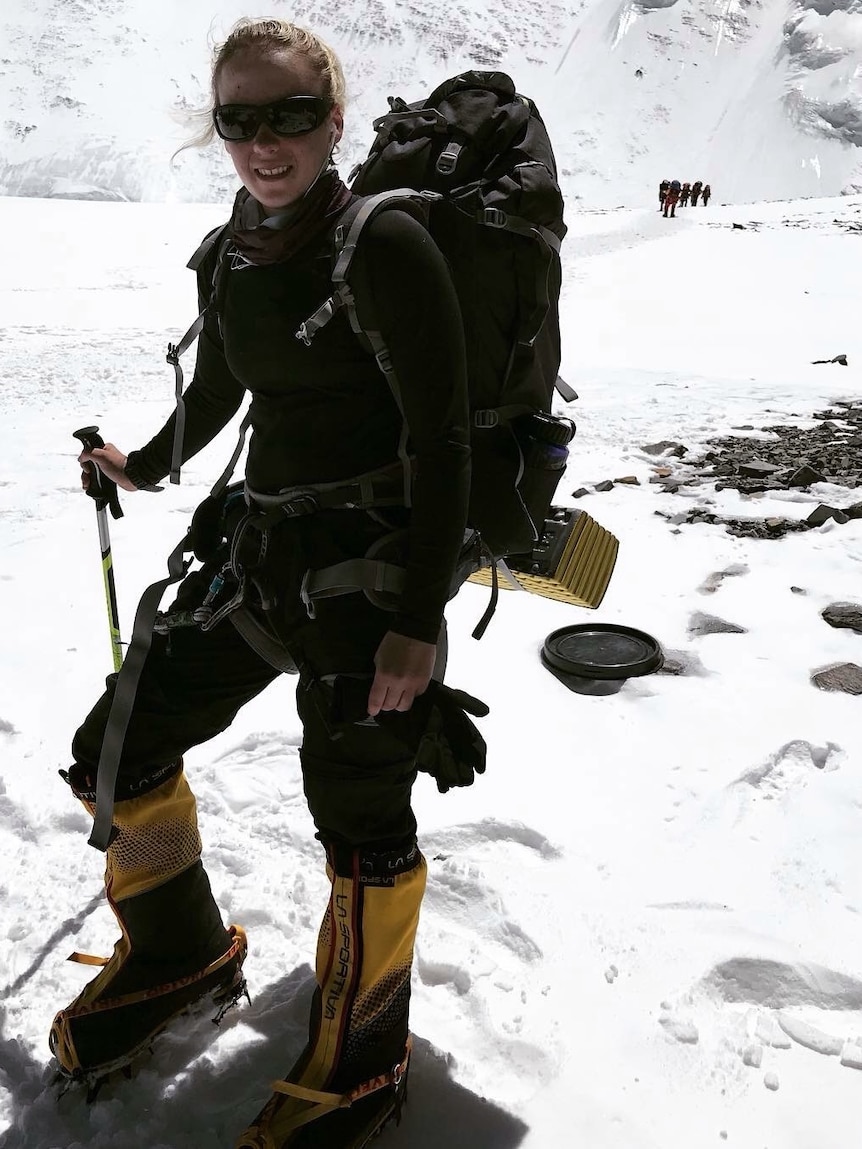 Alyssa Azar geared up during acclimatisation and load carries for Mount Everest.
