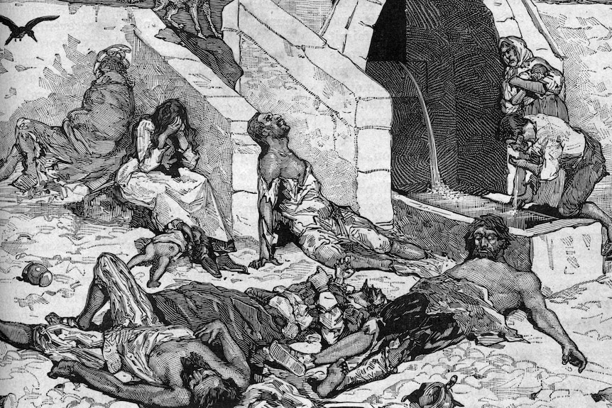 A black and white illustration of people dying on a street.