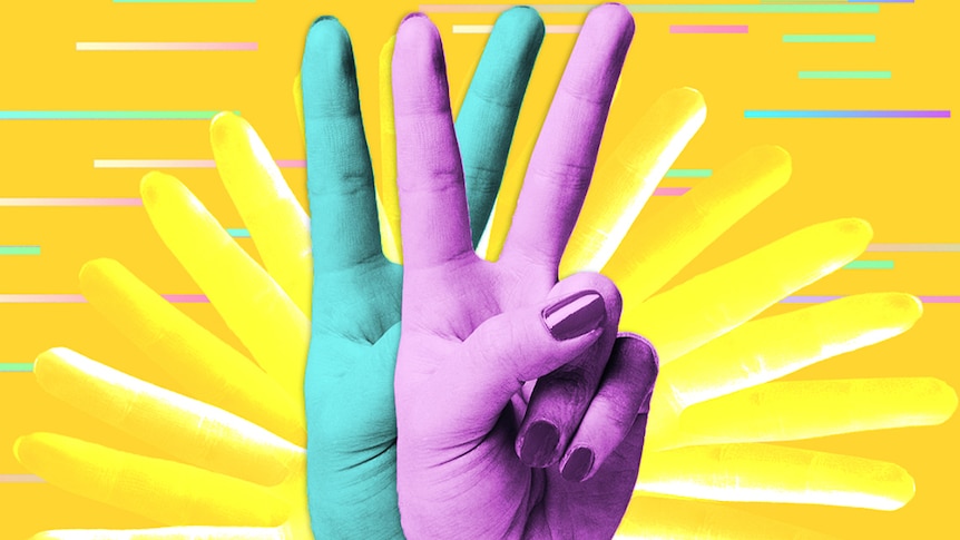 A hand doing a peace sign doubled up against a yellow background