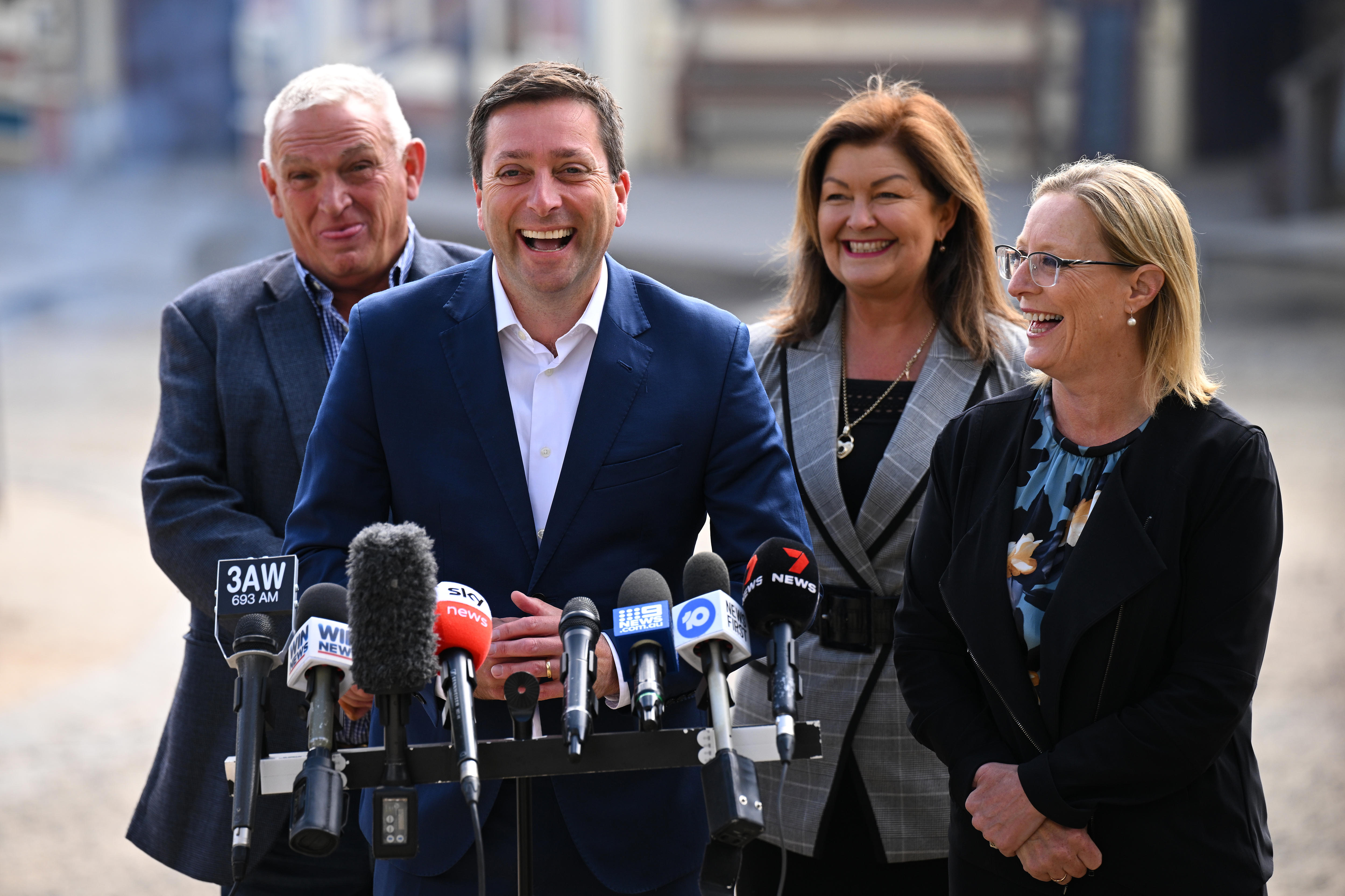 Matthew Guy laughs, surrounded by supporters in Sovereign Hill.