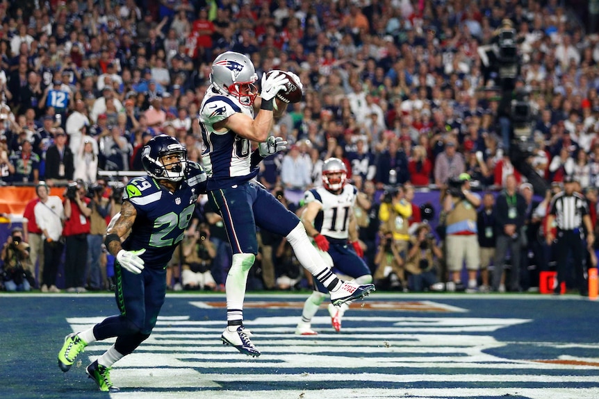 Danny Amendola #80 of the New England Patriots catches a four yard touchdown pass in the Super Bowl