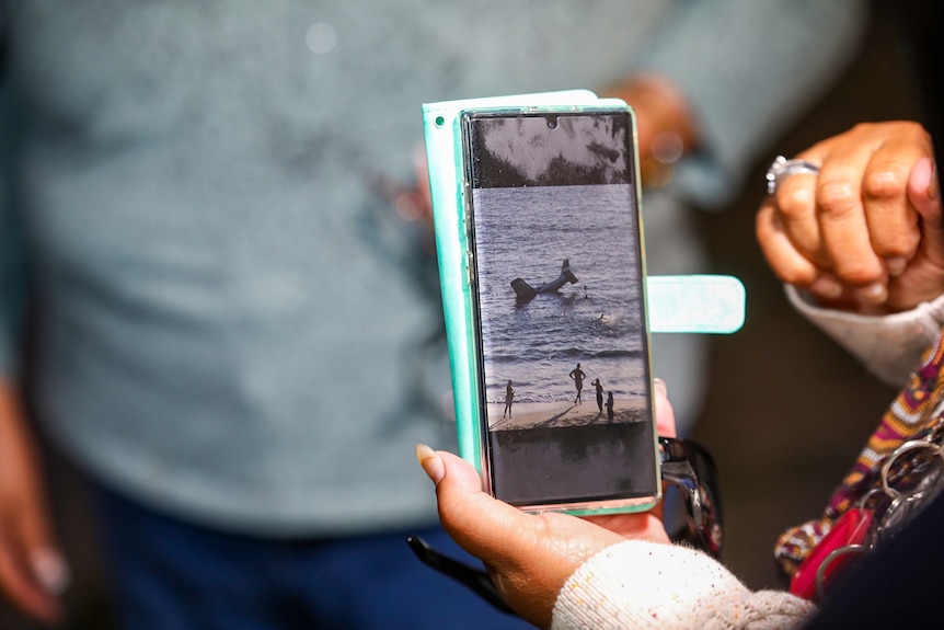A woman holds a mobile phone with a photo on it of the plane after it crashed.
