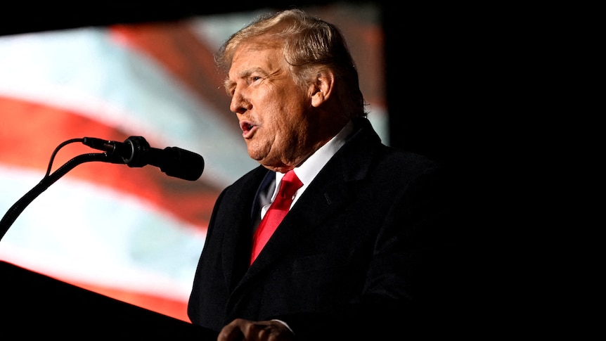 Donald Trump speaks into a microphone in front of a projected american flag visual