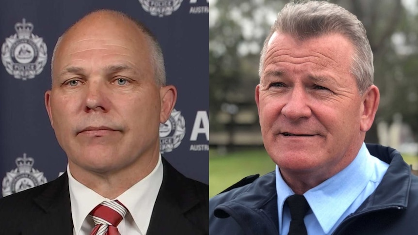 A composite image of a bald man in a suit, on the left, and a man in police uniform, on the right.