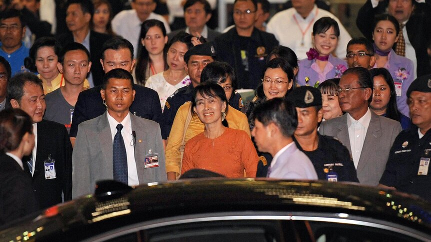 Aung San Suu Kyi arrives in Thailand.