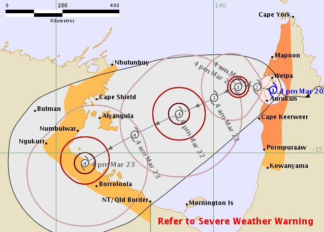 A map showing Cyclone Trevor is forecast to cross into the Gulf of Carpentaria.