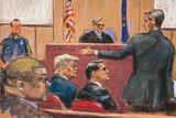 Court sketch of lawyers speaking as Donald Trump sits and listens in a court room