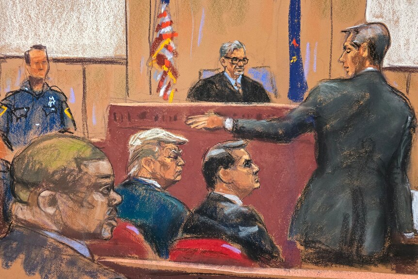 Court sketch of lawyers speaking as Donald Trump sits and listens in a court room