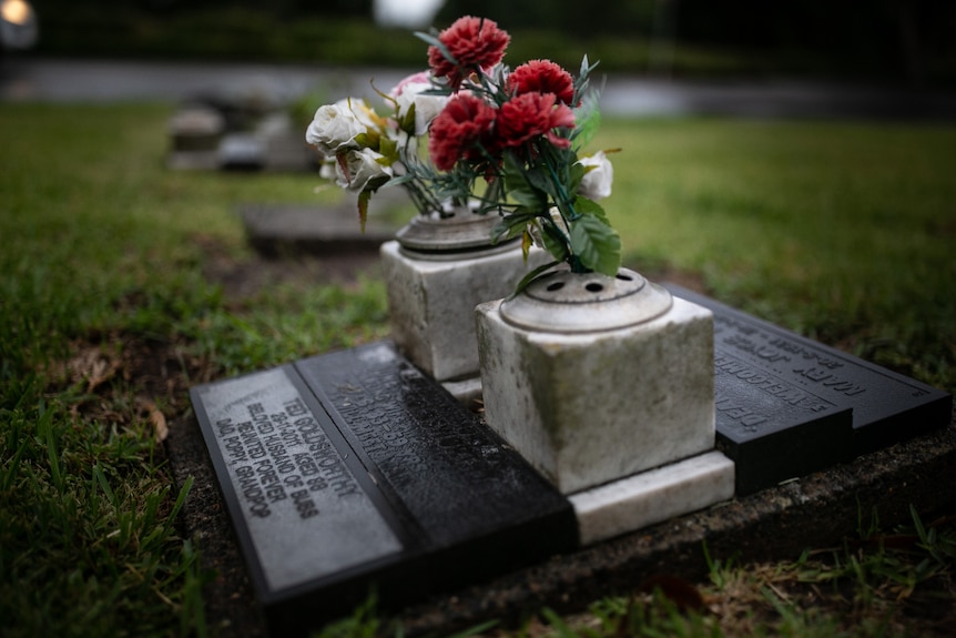 Red and white flowers sit in a small pot with holes next to a black plaque at a grave at Rookwood Cemetery.
