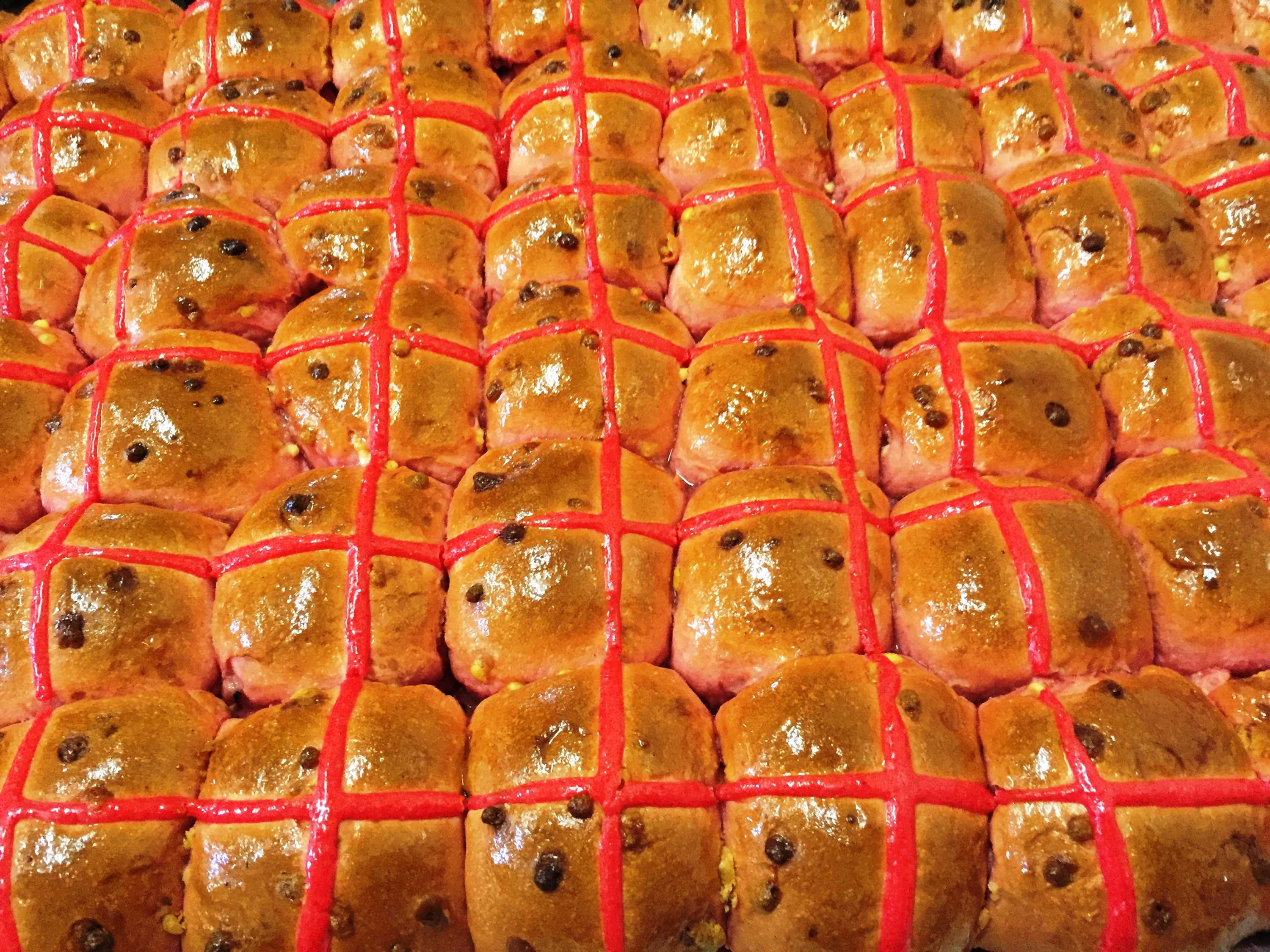 Hot cross buns with a pink cross.