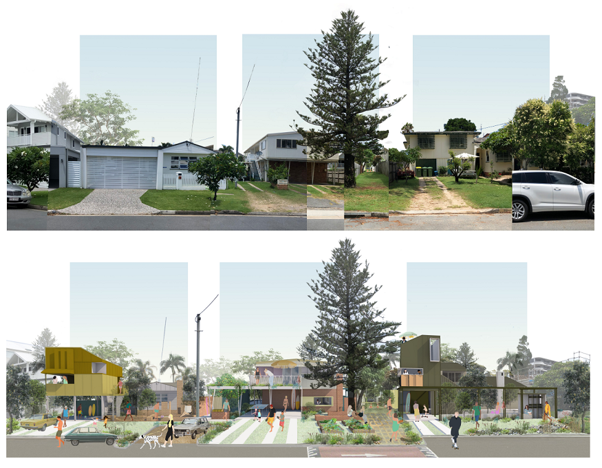 Proposed street view of houses featuring post-COVID design