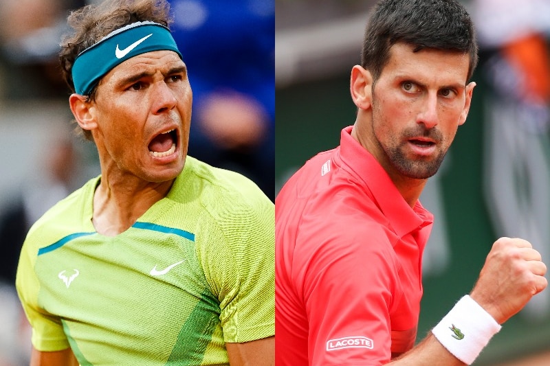 A composite image of Rafael Nadal and Novak Djokovic celebrating won points