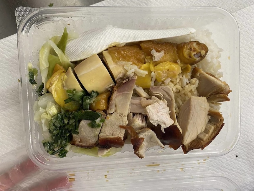 A plastic container with roast chicken and pork and rice. 
