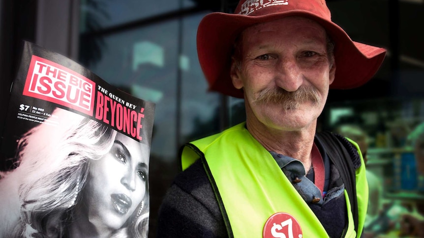 Big Issue vendor Russell at work in Melbourne