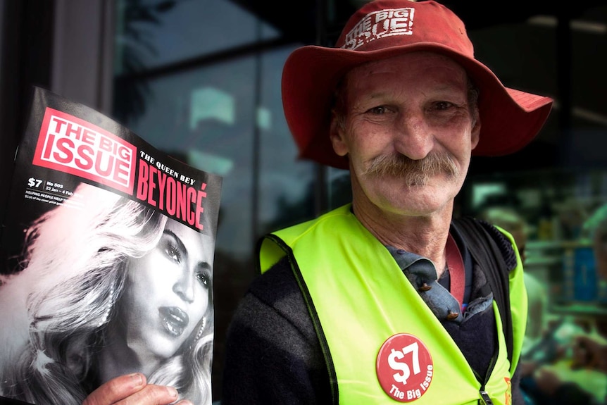 Big Issue vendor Russell at work in Melbourne